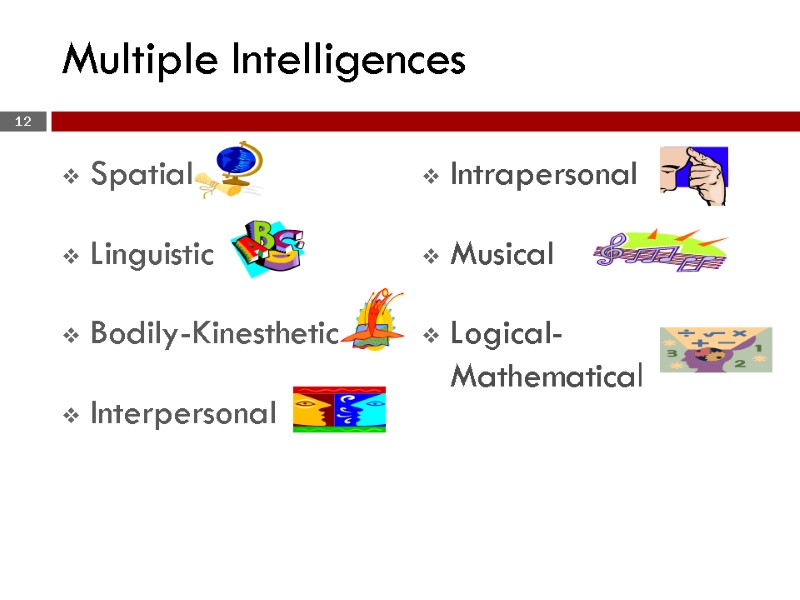 Multiple Intelligences 12 Spatial  Linguistic   Bodily-Kinesthetic  Interpersonal Intrapersonalal  Musicalal